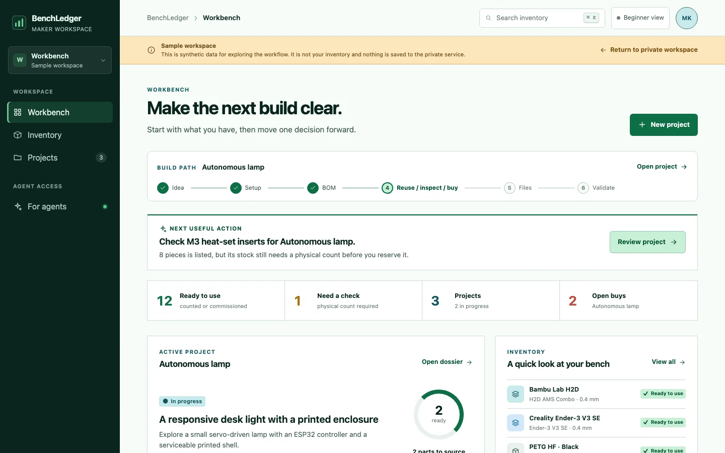 BenchLedger workspace showing inventory and project planning